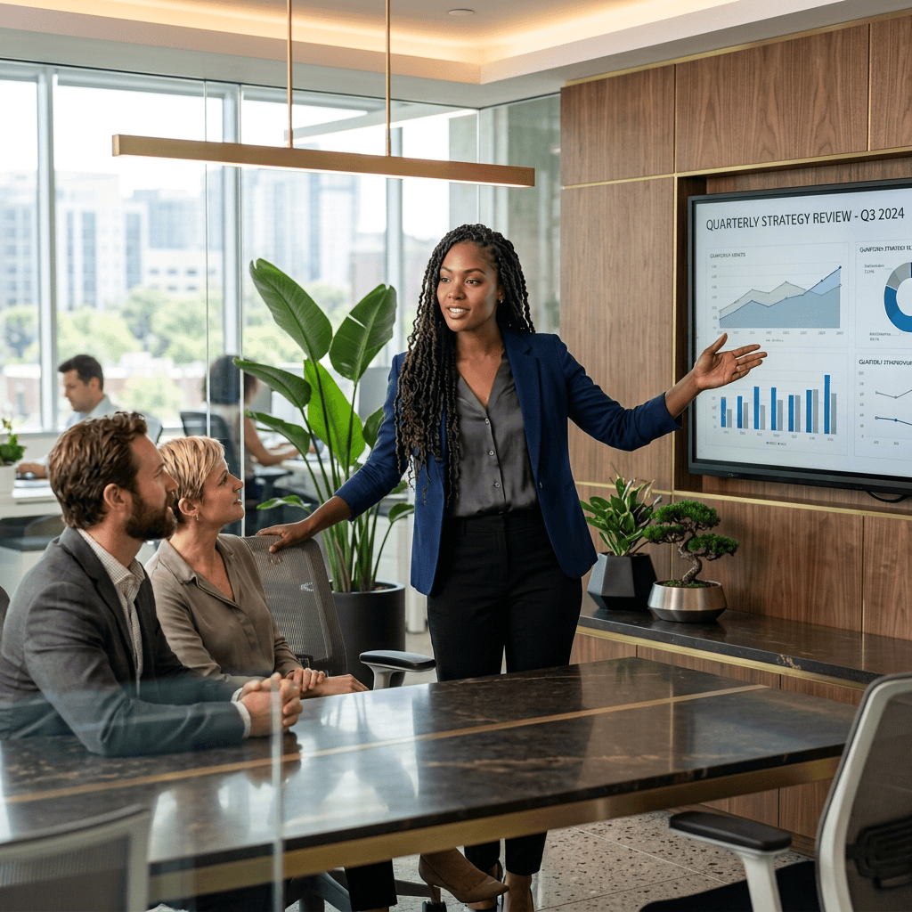 Business leader presenting quarterly strategy charts to colleagues