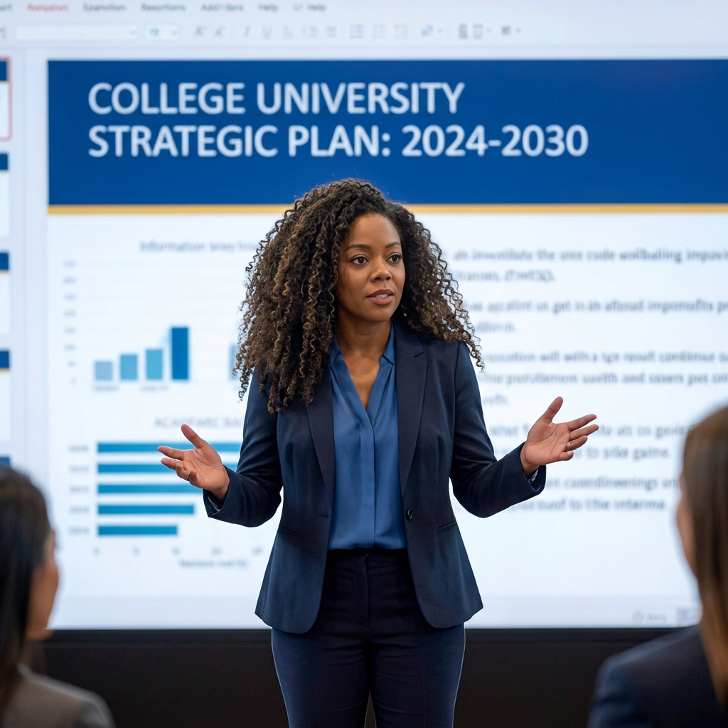 University team reviewing a 2024–2030 strategic plan in a conference room