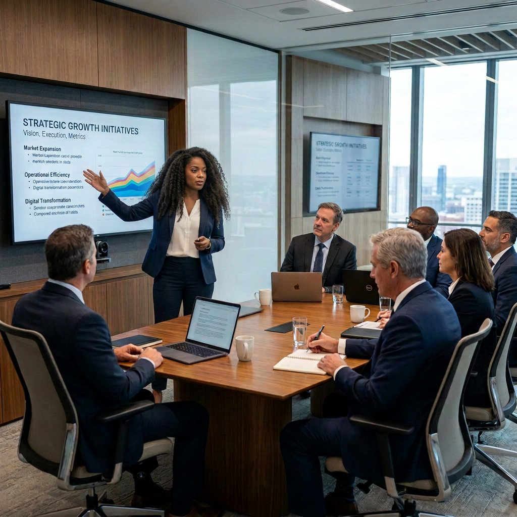 Woman presenting 2024 strategic growth initiatives to executives around a conference table