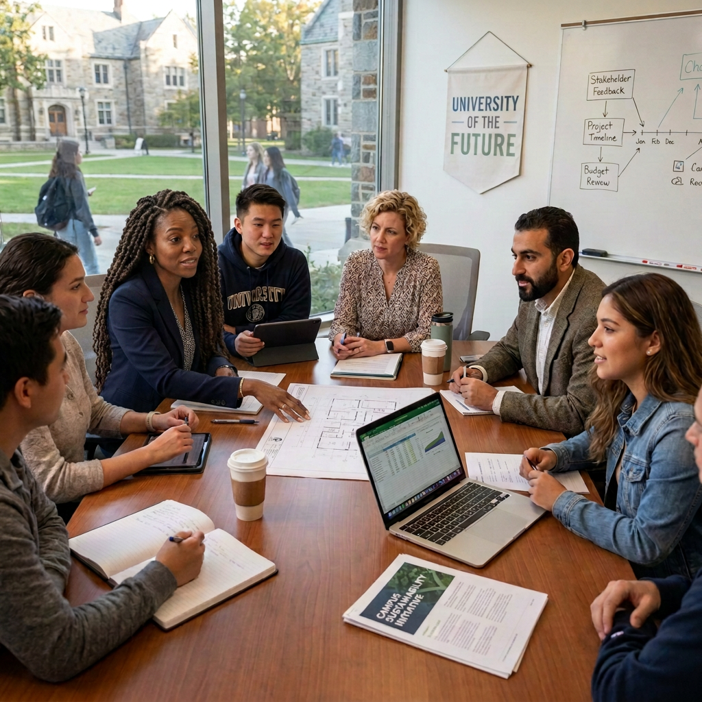 Diverse university team collaborating around a table with plans and laptops