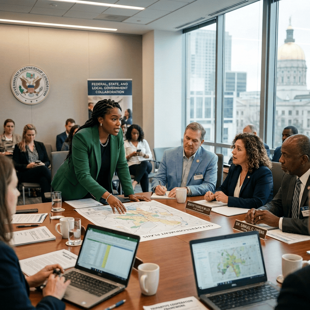 Community meeting participants reviewing maps, documents, and laptops around a conference table