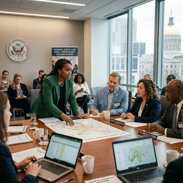 Community meeting participants reviewing maps, documents, and laptops around a conference table